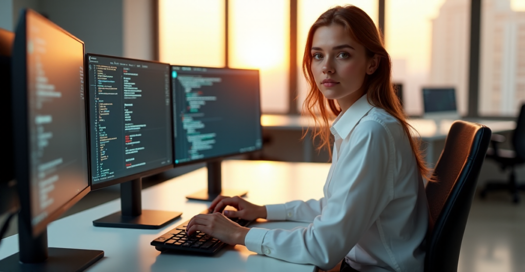 "A young professional sits confidently in front of a computer setup with AI automation software interfaces and coding languages, highlighting the importance of mastering AI Automation Skills."