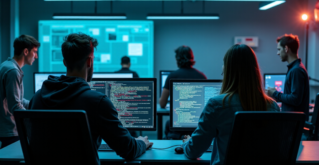 "Group of cybersecurity professionals engage in intense role-playing exercise to develop future-proof skills in a high-tech laboratory setting."
