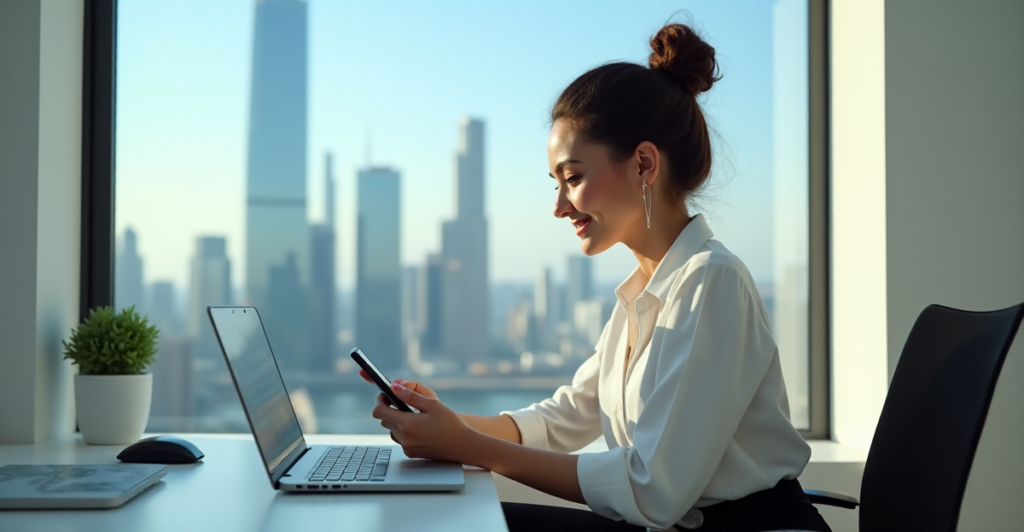 "A young professional woman sits confidently at a modern desk, focused on her AI-powered freelance management app, showcasing her AI automation skills in a thriving cityscape."