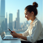 "A young professional woman sits confidently at a modern desk, focused on her AI-powered freelance management app, showcasing her AI automation skills in a thriving cityscape."