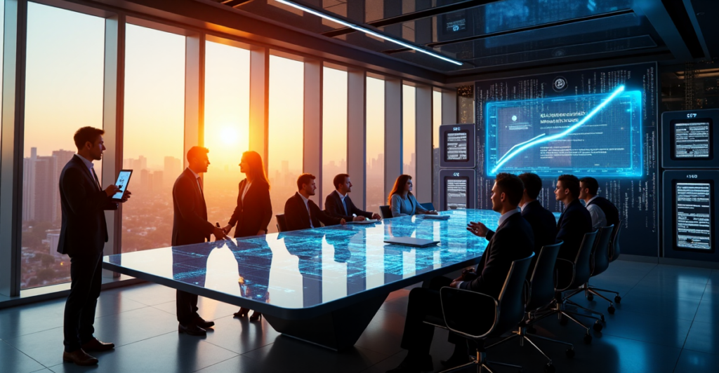"A group of diverse professionals collaborate around a glass table, engaging with AI-powered displays showcasing data visualizations and analytics, highlighting the importance of AI Automation Skills in modern businesses."