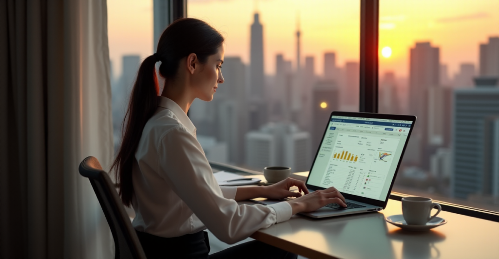 "A young professional woman sits at a minimalist home office desk, intensely analyzing an Excel spreadsheet on her laptop, surrounded by a serene cityscape at sunrise."