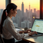 "Excel Remotely: Master Essential Remote Work Skills for a Smarter Future" "A young professional woman sits at a minimalist home office desk, intensely analyzing an Excel spreadsheet on her laptop, surrounded by a serene cityscape at sunrise."