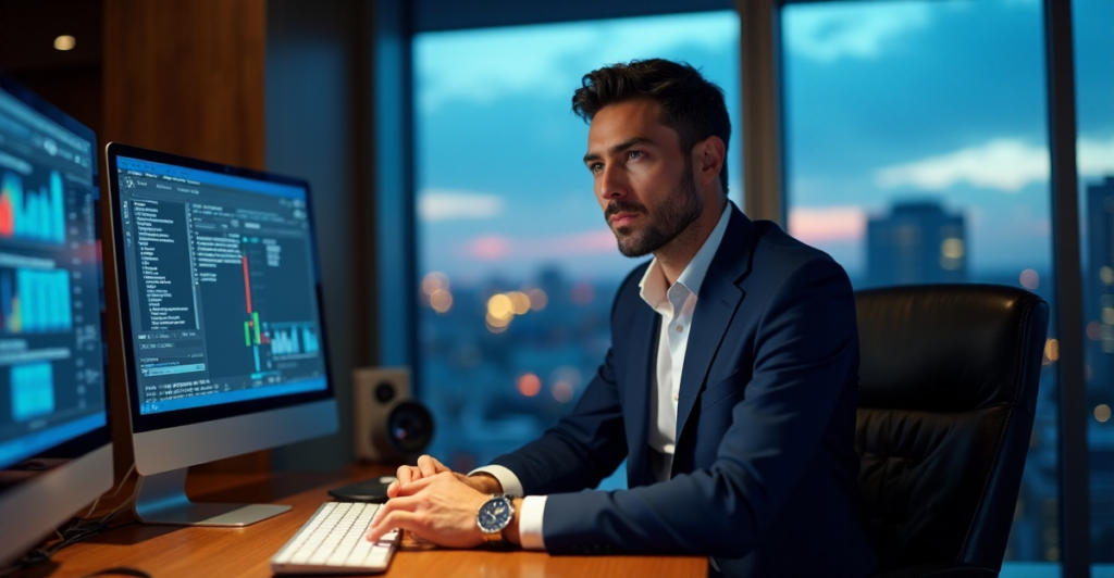 "A corporate executive sits at a wooden desk, surrounded by computer screens displaying cybersecurity training simulations, with a focused expression."