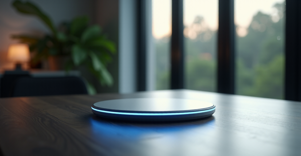 "A sleek silver wireless charging pad on a dark-wooden desk near a window with soft natural light, subtly pulsing blue LED lights."