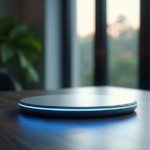 "A sleek silver wireless charging pad on a dark-wooden desk near a window with soft natural light, subtly pulsing blue LED lights."