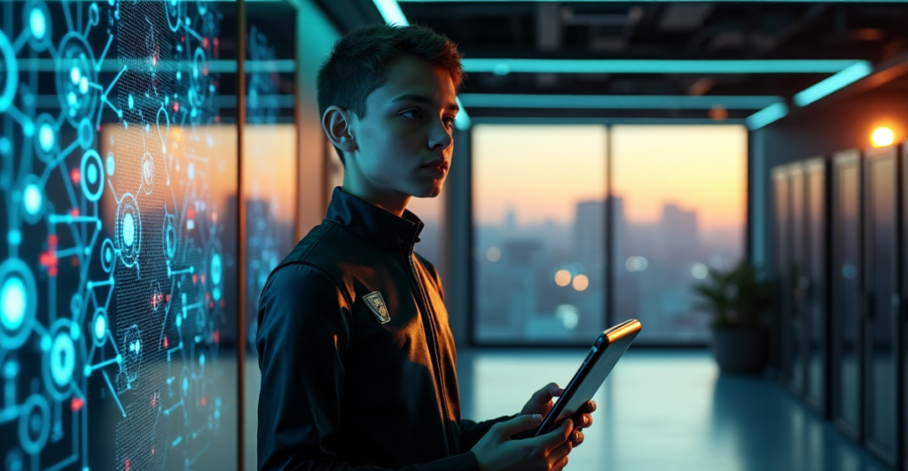 "A young adult cybersecurity expert stands confidently in front of a complex network diagram on a high-resolution screen, with hands resting on a futuristic tablet device, surrounded by sleek servers and soft blue-green LED lighting."