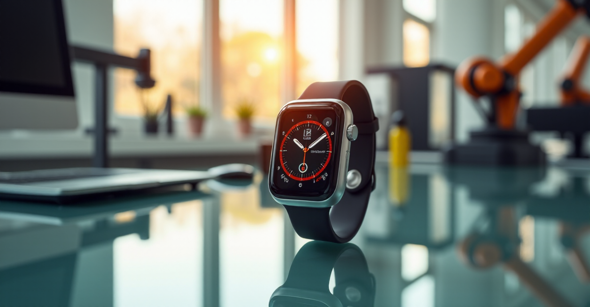 A sleek silver smartwatch on a minimalist desk in a high-tech laboratory setting surrounded by innovative gadgets and cutting-edge technology, conveying future-proof skills and limitless potential.