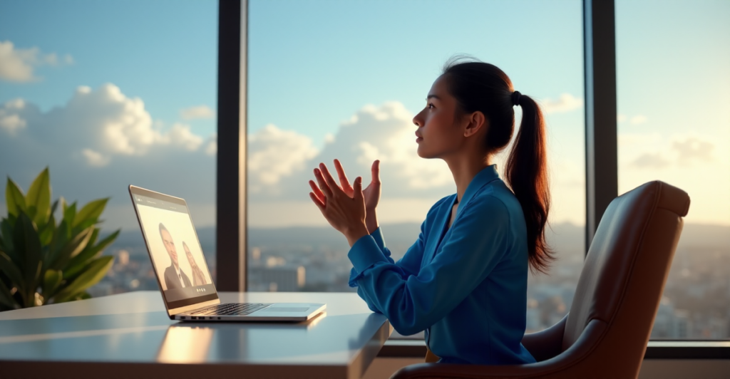 "A woman in a modern home office setting, using remote work technology to collaborate with colleagues, showcasing future-proof skills."
