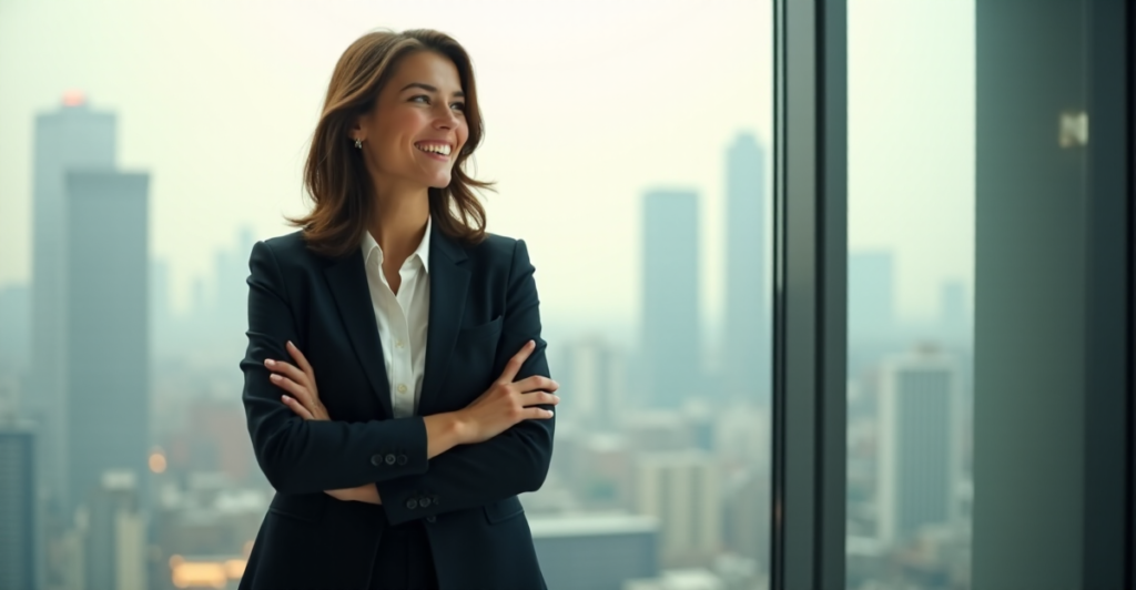 "A young professional woman stands confidently in front of a cityscape view, dressed in a tailored business suit, conveying self-assurance and determination with AI Automation Skills at her fingertips."
