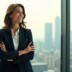 "Career Advancement Strategies: Unlock Your Growth Mindset for Lasting Career Success" "A young professional woman stands confidently in front of a cityscape view, dressed in a tailored business suit, conveying self-assurance and determination with AI Automation Skills at her fingertips."