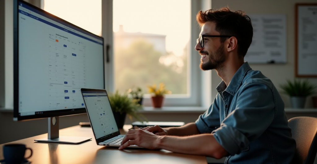 "A young professional efficiently navigates tasks on a Windows laptop surrounded by AI tools in a minimalist workspace, exuding confidence and calmness."