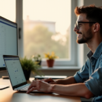 Master Time Management in Remote Jobs with Essential AI Automation Skills "A young professional efficiently navigates tasks on a Windows laptop surrounded by AI tools in a minimalist workspace, exuding confidence and calmness."