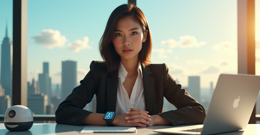 "A young professional woman sits confidently at a modern desk, surrounded by AI-powered gadgets, exuding determination and future-readiness."
